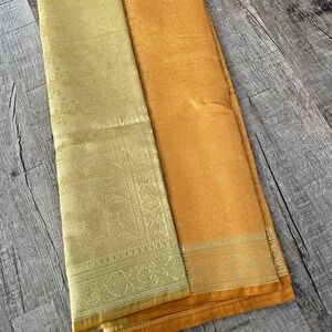 NEW Indian Womens Mustard Yellow/Gold Brocade Artificial Silk Sari Saree Crafts